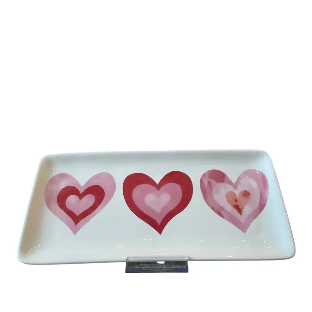 MAXCERA Hearts Serving Platter 5x11 Ceramic Pink Red Valentines Day Decor NEW